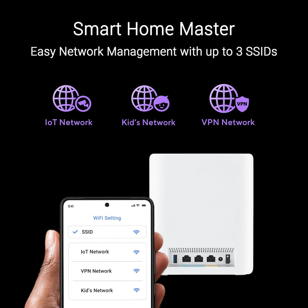 ASUS ZenWiFi BT10 Tri-Band WiFi 7 Mesh, 18 Gbps, 3000 sq.ft (1pk), Dual 10G Ports, Security and Parental Controls Included, Smart Home Master SSIDs, 4G & 5G Mobile Tethering
