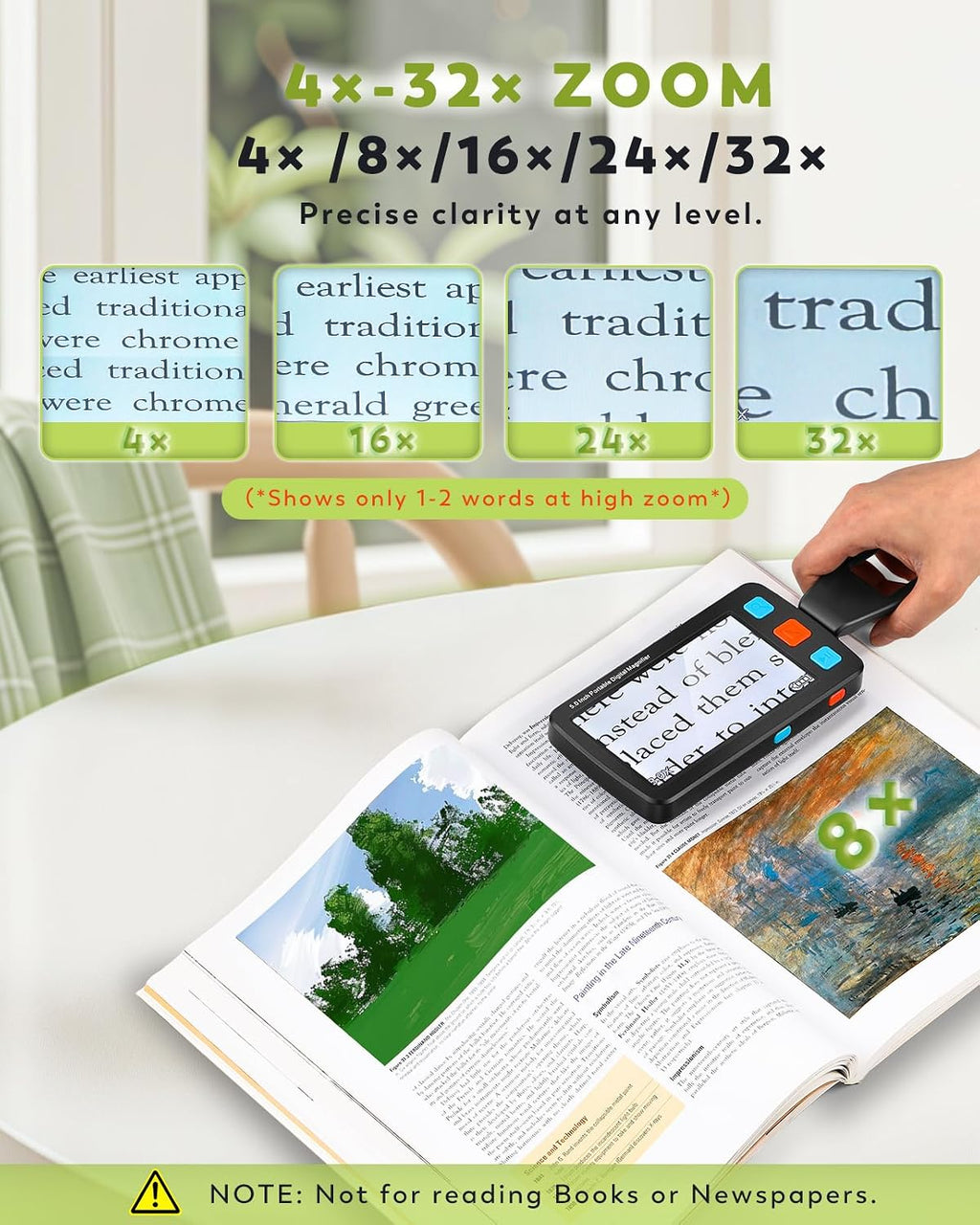 5.0 Inch Portable Digital Magnifier, 4X-32X Zoom Electronic Reading Aid with Foldable Handle for Low Vision/Seniors/Kids, Ideal for Quick Reading – Not Recommended for Long Books or Novels
