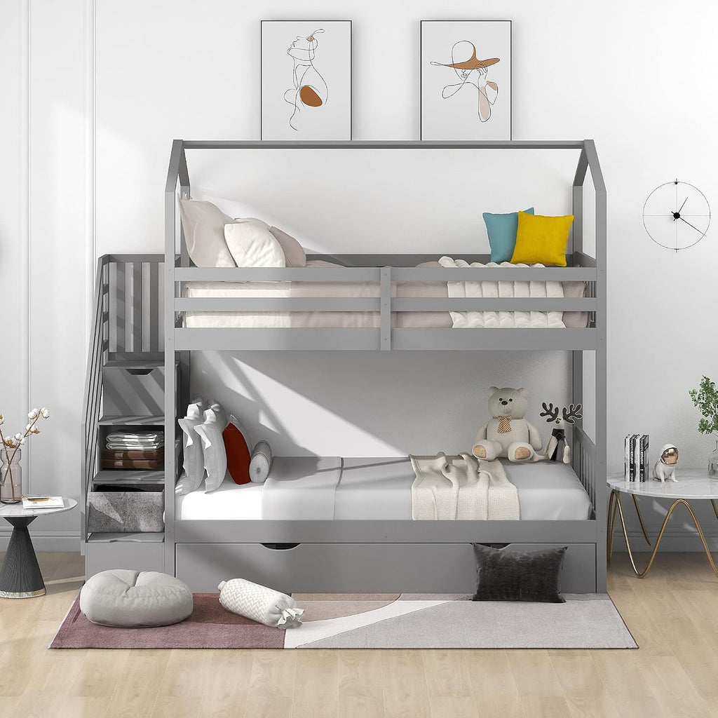 KLMM Twin Over Twin Bunk Bed for Kids Toddlers, House Bunk Bed Farm with Storage Steps and Trundle, Roof Guardrail for Girls/Boys, No Spring Box Required (Gray + Pine+Trundle)