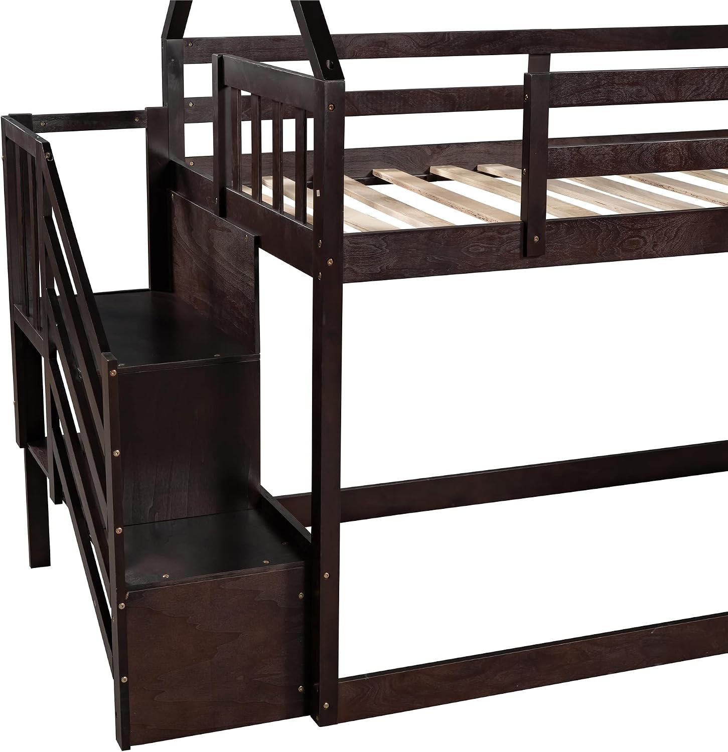 Twin Over Twin Bunk Bed with Slide for Kids Toddlers, House Bunk Bed Farm with Storage Steps and Roof Guardrail for Girls/Boys, No Spring Box Required (Espresso-Storage Steps#2)
