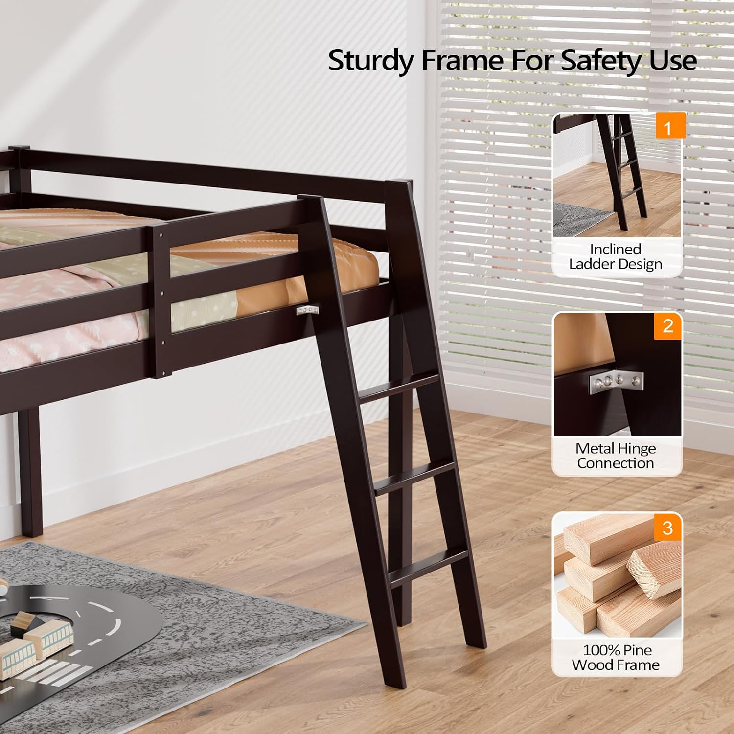 VINGLI Junior Low Loft Bed with Inclined Stairs, Wood Loft Bed Full Size for Adults, Kids and Young Teens, No Box Spring Required,Wood Slat Support, Espresso