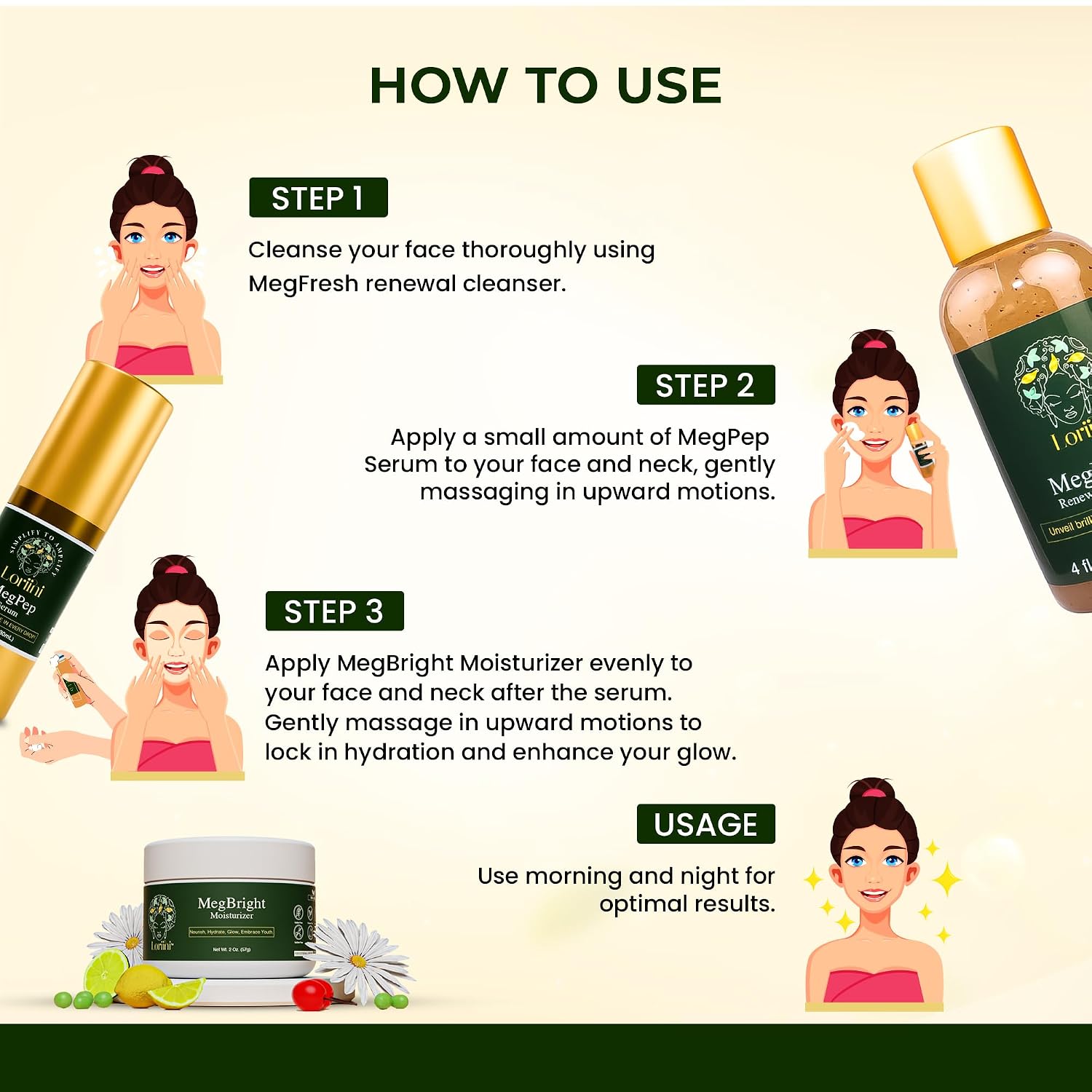 Loriini™ Meg Collection – Skincare Set for Women, MegPep Peptide Serum with Hyaluronic Acid, MegFresh Cleanser Exfoliating Face Wash, MegBright Moisturizer for Dark Spots - Gifts for Mom