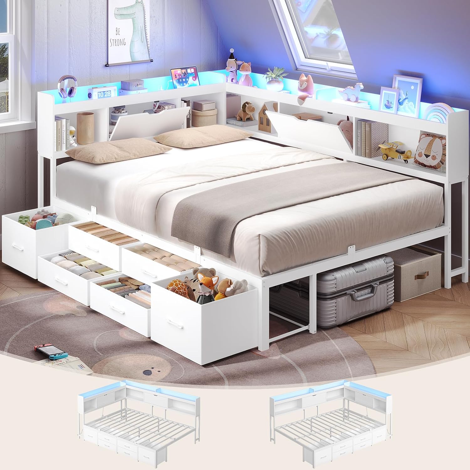 AOGLLATI Full Size Corner Bed Frame with 6 Storage Drawers and Bookcase Hidden Headboard, Full Bed Frame Metal Platform Daybed with Charging Station and LED Lights for Kids Teens, White