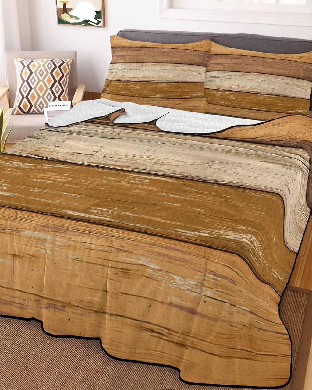 Quilt King Size Bedding Set, Farmhouse Yellow Brown Lightweight Summer Quilt 3 Pieces Bedding Sets, Vintage Wooden Striped Reversible Soft Bedspreads Coverlets with 2 Pillow Shams for All Season