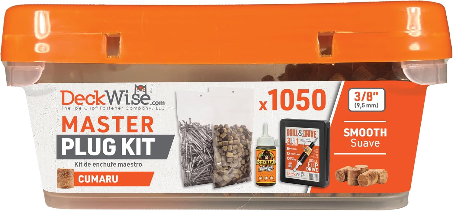 DeckWise Cumaru Master Plug Kit - 3/8' Hardwood Plugs & #8x2 Stainless Screws with Drill & Drive Bit & Glue, 1050 Piece Kit for 300 sq. ft.