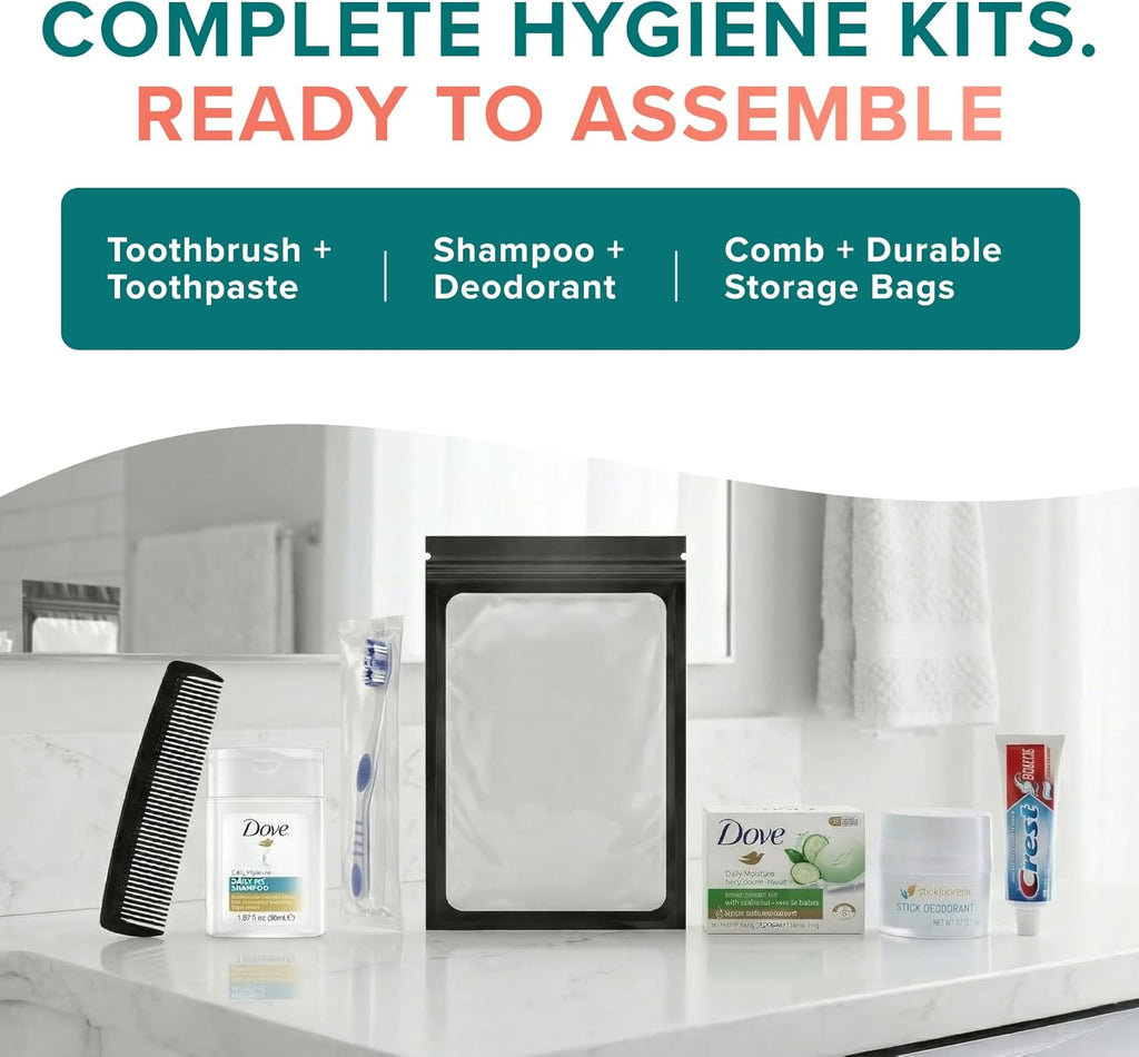 Assemble Your Own Hygiene Kit, Bulk Hygiene Essentials, Travel Size Toiletries Set with Comb, Toothbrush, Toothpaste, Shampoo, Deodorant, Bag and More (50 Pack)