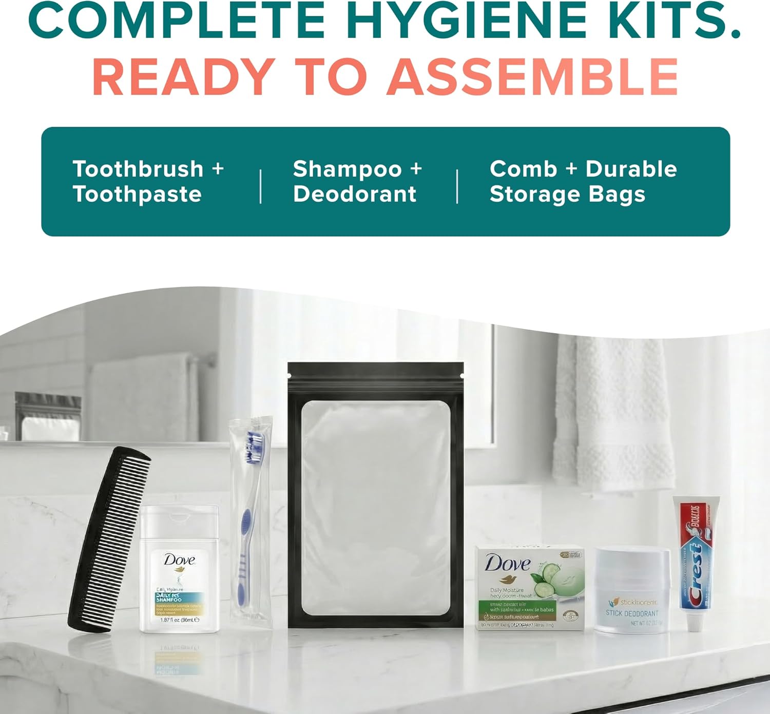 Assemble Your Own Hygiene Kit, Bulk Hygiene Essentials, Travel Size Toiletries Set with Comb, Toothbrush, Toothpaste, Shampoo, Deodorant, Bag and More (50 Pack)