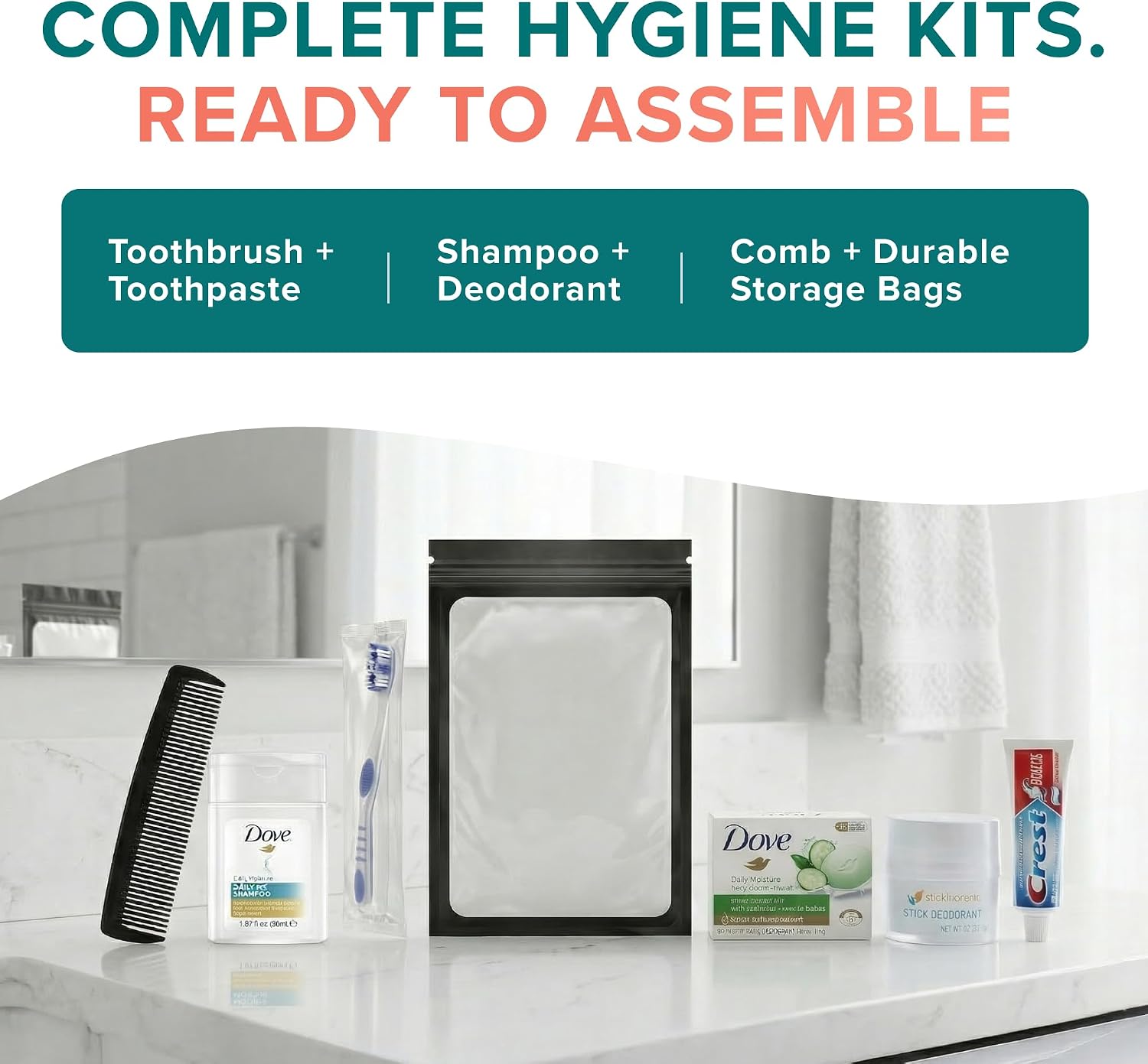 Assemble Your Own Hygiene Kit, Bulk Hygiene Essentials, Travel Size Toiletries Set with Comb, Toothbrush, Toothpaste, Shampoo, Deodorant, Bag and More (200 Pack)