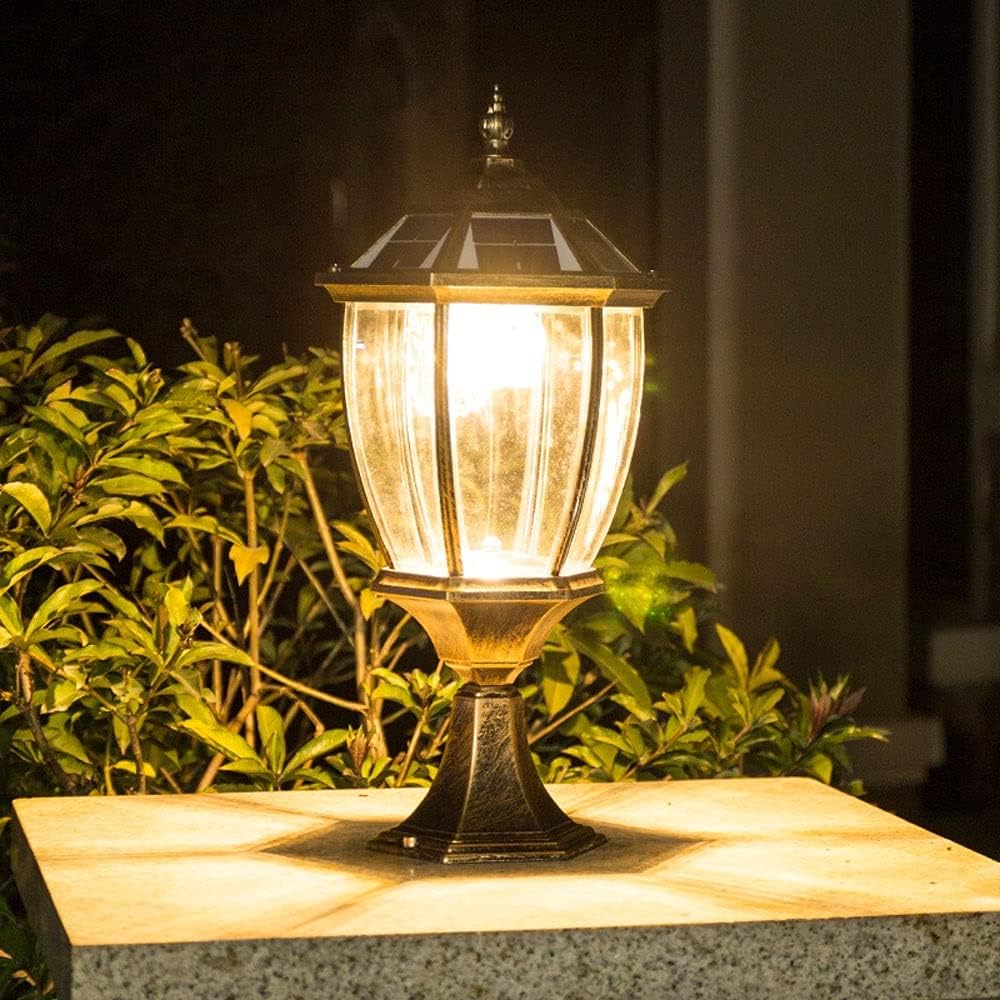LED Solar Post Pillar Lantern Vintage Outdoor, Classic Glass Shade Aluminum Exterior Column Lamp, IP65 Bollard Lamps Outdoor Pedestal Lights Garden Landscape Lawn Lantern (Color : Brown-3000K)