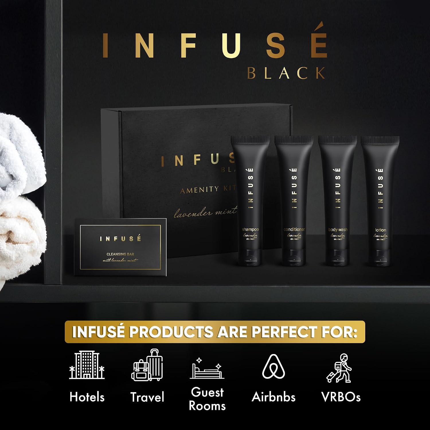 Infuse Black Amenity Kit | Boxed Hotel Toiletries | Bulk Set 1 oz Travel Size Shampoo, Conditioner, Lotion, Body Wash & Cleansing Bar for Guest Hospitality Hotel/Vacation Rentals | 300 Pieces