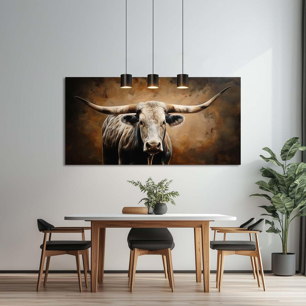 ZESTRILIA Brown Rustic Longhorn Bull Wall Art Modern Canvas Painting Prints Artwork Office Hallway Bedroom Living Room Decor (58x28 Inches)