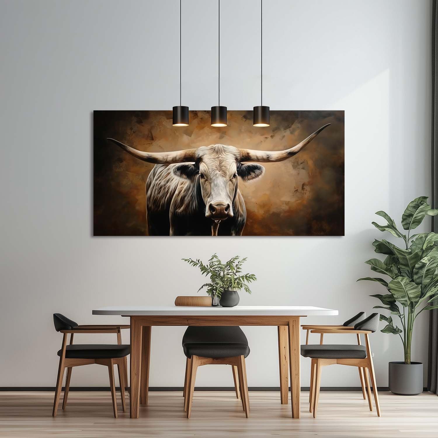 ZESTRILIA Brown Rustic Longhorn Bull Wall Art Modern Canvas Painting Prints Artwork Office Hallway Bedroom Living Room Decor (58x28 Inches)