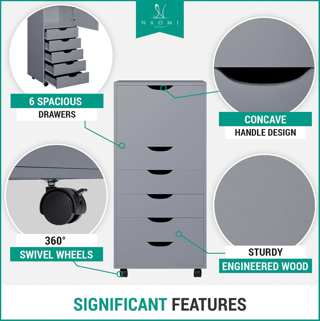 Naomi Home 5 Drawer + 1 Cabinet Storage Organizer, Modern Mobile Cabinet for Home & Everyday Storage