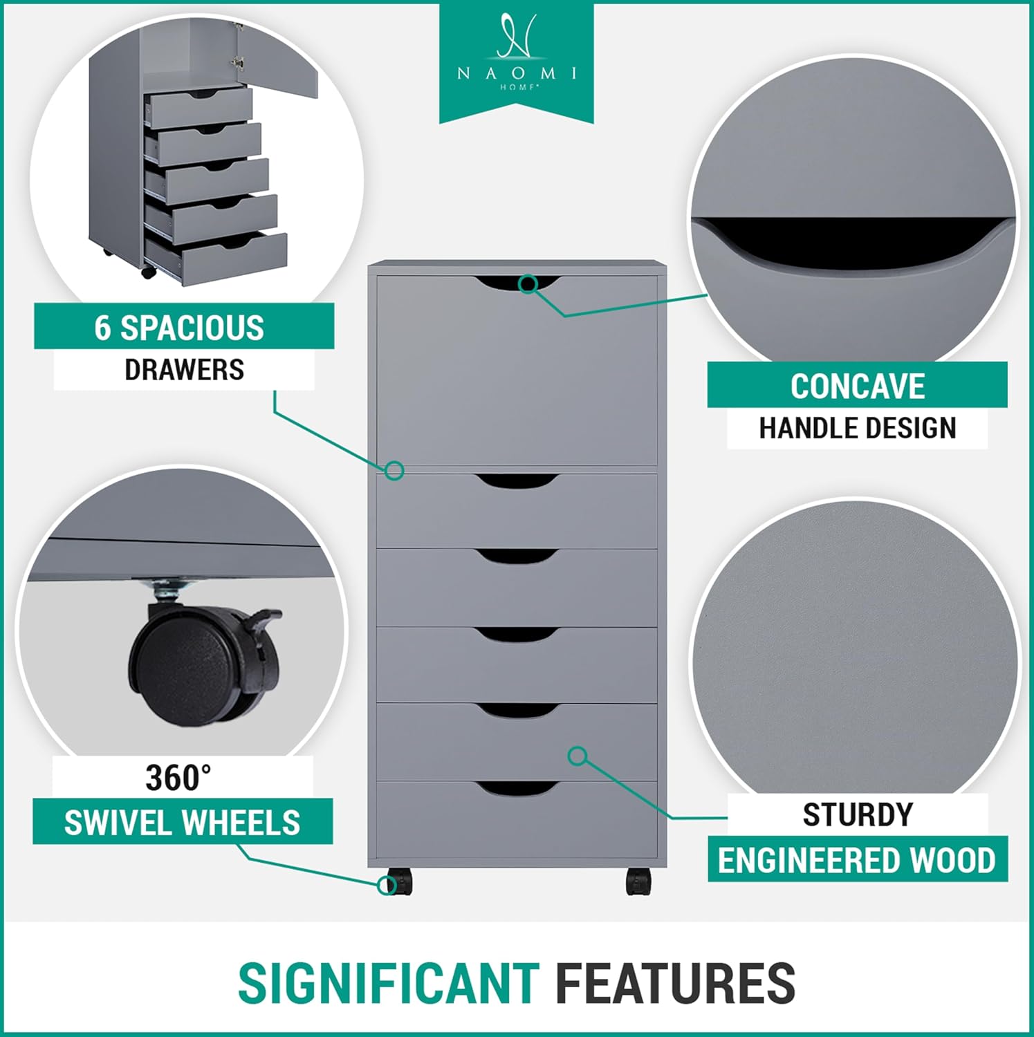 Naomi Home 5 Drawer + 1 Cabinet Storage Organizer, Modern Mobile Cabinet for Home & Everyday Storage