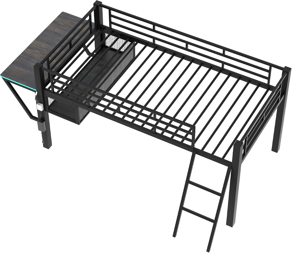 Modern Gaming Mid Loft Bed with Built-in LED Lights & Large Desk, High Sleeper Twin Size Bed with PC Gaming Setup for Teenagers, Space-Saving Furniture for Small Room (Black + Twin)