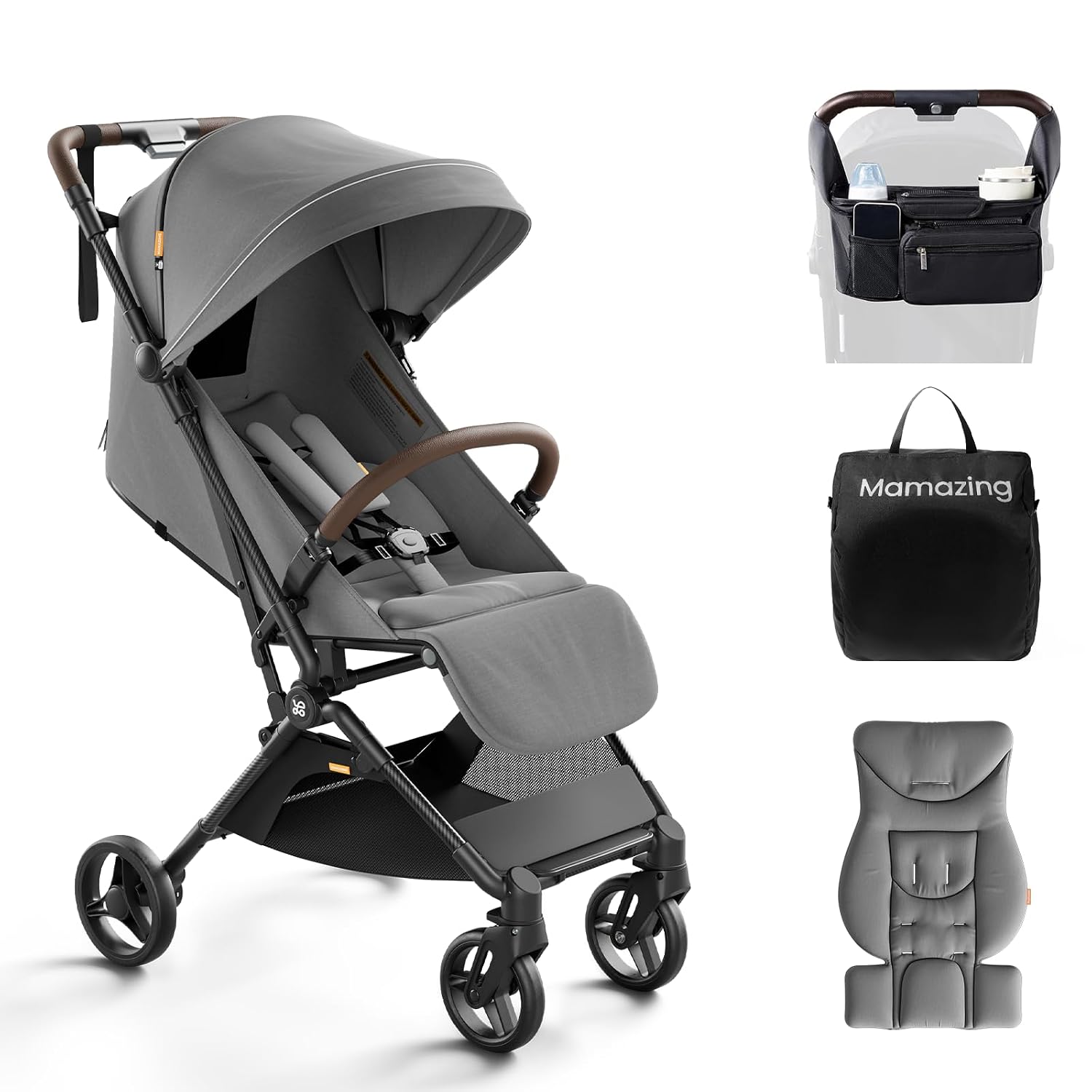 MAMAZING Ultra Air Lightweight Baby Travel Stroller with Carbon Fiber Frame, Compact & Airplane-Friendly, One-Handed Fold, 11.6 lbs, Perfect for Toddlers, Organizer & Cushion Included, Grey