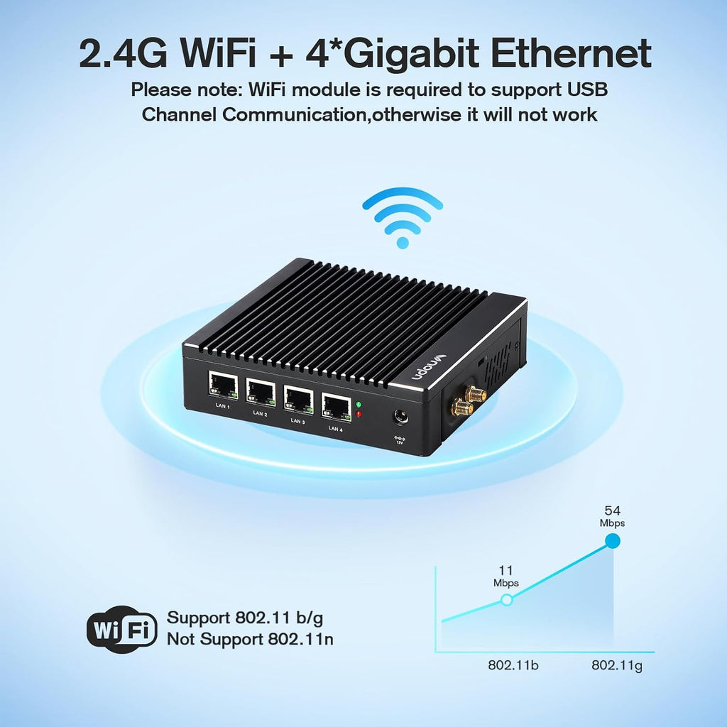 Fanless Firewall Appliance Intel J3710 4C/4T, Firewall Mini PC 4 x Intel i226 LAN Ports DDR3 mSATA SSD, Network Gateway Soft Router, Support P-F-Sense AES NI HD/VGA/Wi-Fi (Black)
