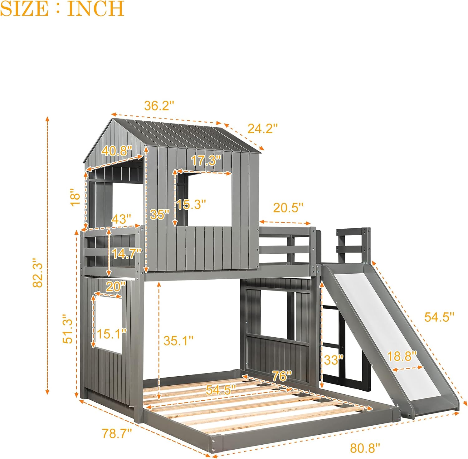 Twin Over Full Bunk Beds with Slide for Kids Toddlers, Play Farm House Roof Window Guardrail Ladder, for Girls Boys, No Spring Box Required (Gray-Slide-Twin-Full)