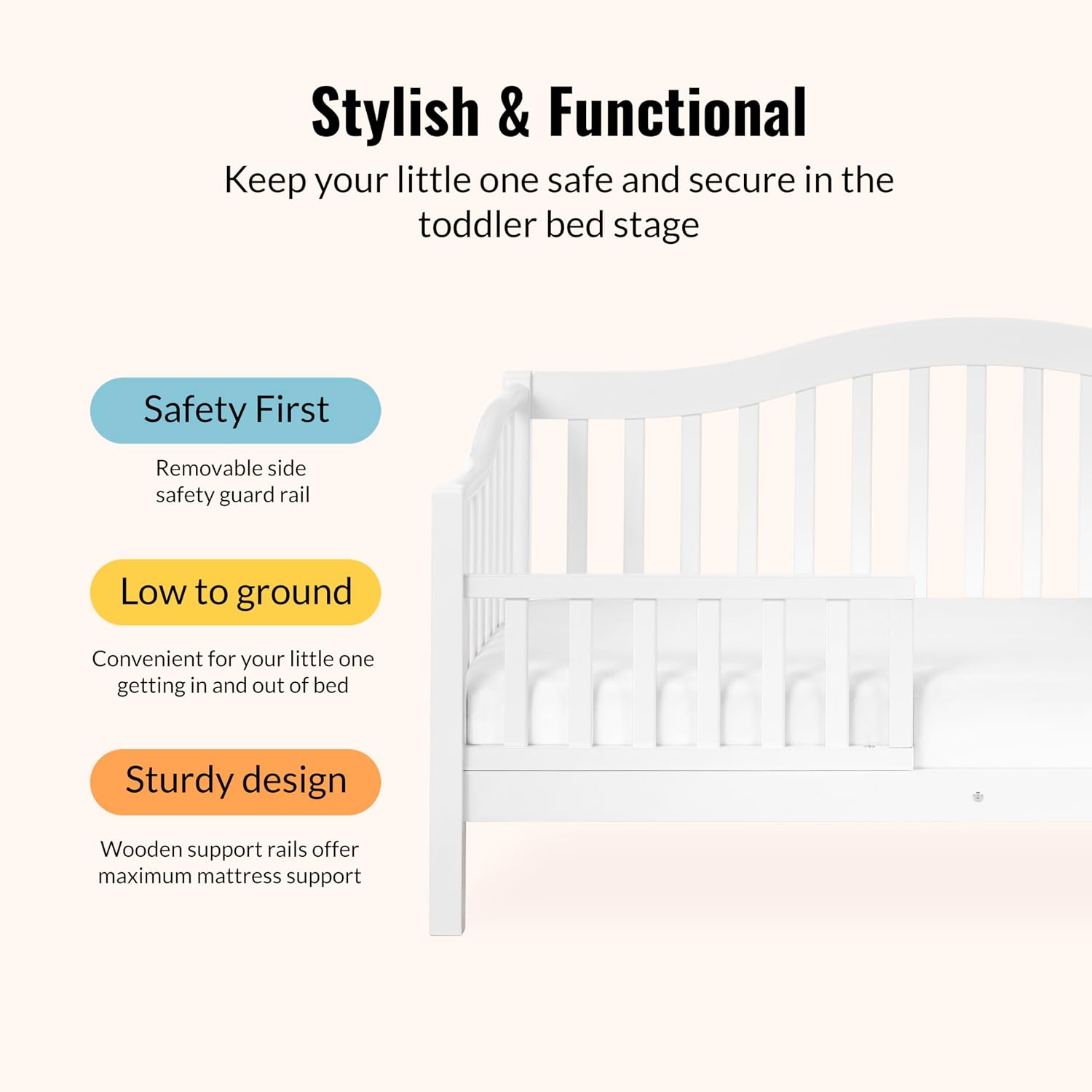 Dream On Me Austin Toddler Day Bed with Rails in White, Low to Floor Toddler Day Bed, Greenguard Gold & Baby Safety Alliance Certified, Non-Toxic Finishes, Side Safety Guard Rail