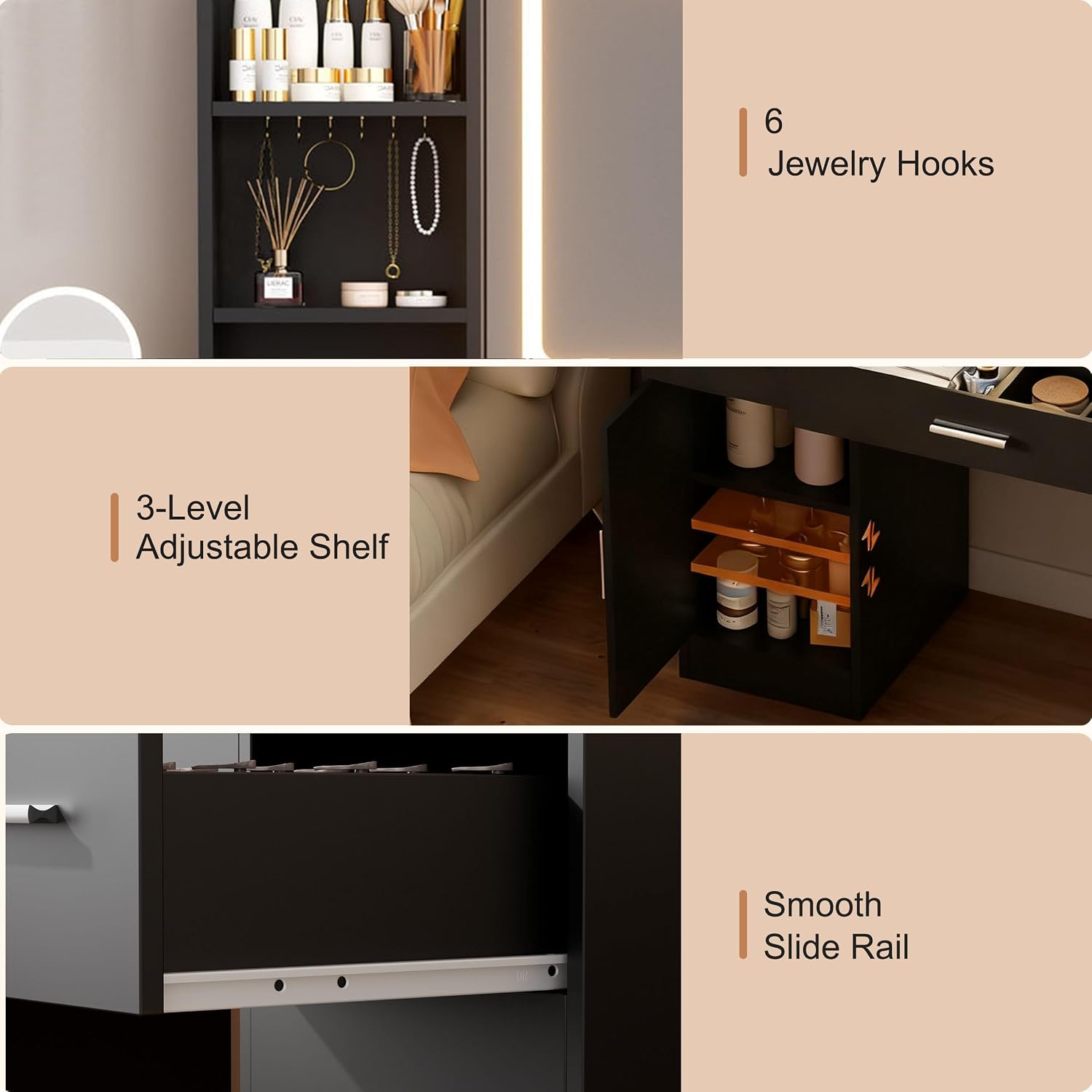 ERLEJIA Vanity Desk with Mirror and Lights, 39.37' 4 Drawers Makeup Desk Without Stool, Extra Foldable Desk with 3 Open Shelves Make Up Table for Girls and Ladies Bedroom, Black