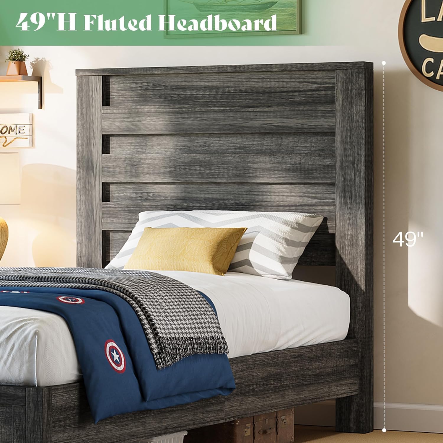 AMERLIFE Farmhouse Twin Platform Bed Frame with 49' Fluted Headboard, Wooden Bed with Natural Grain Finish, Noise-Free, No Box Spring Required, Easy Assembly, Grey