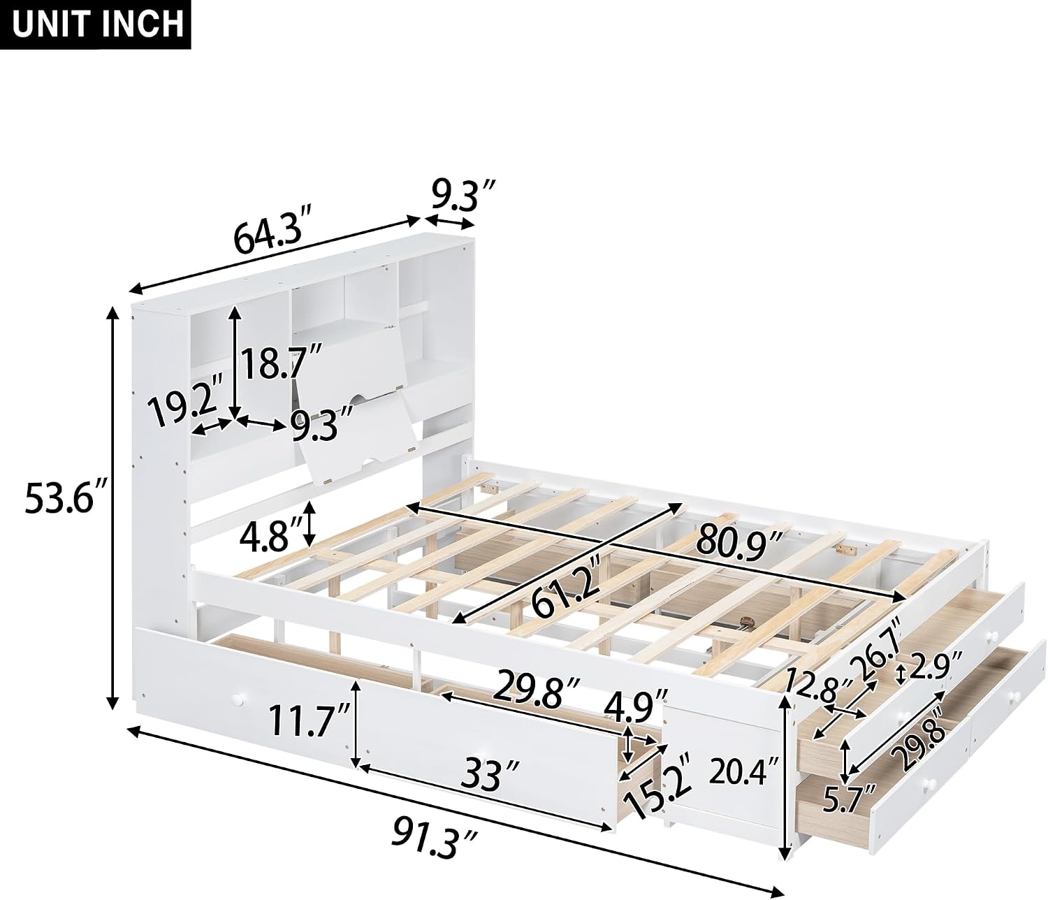 Queen Size Wood Platform Bed with 8 Storage Drawers and Bookcase Headboard for Bedroom (White, Queen)