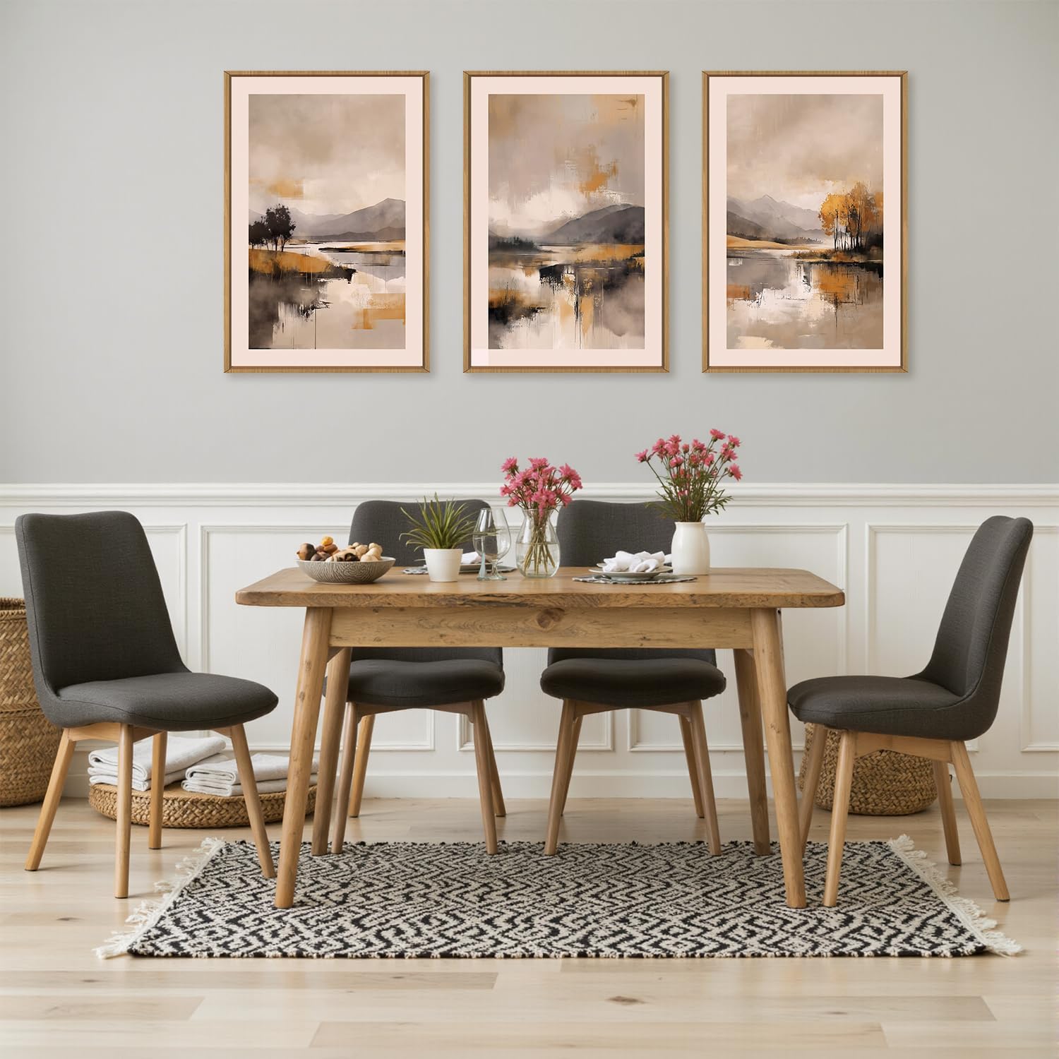 FWIEXA Abstract Landscape Neutral Canvas Wall Art Set, Beige Grey Mountain Framed Wall Decor, 3 Panel 24x36 Inches Watercoler Lake Artwork, Brush Stroke Forest Prints for Living Room, Office, Bedroom