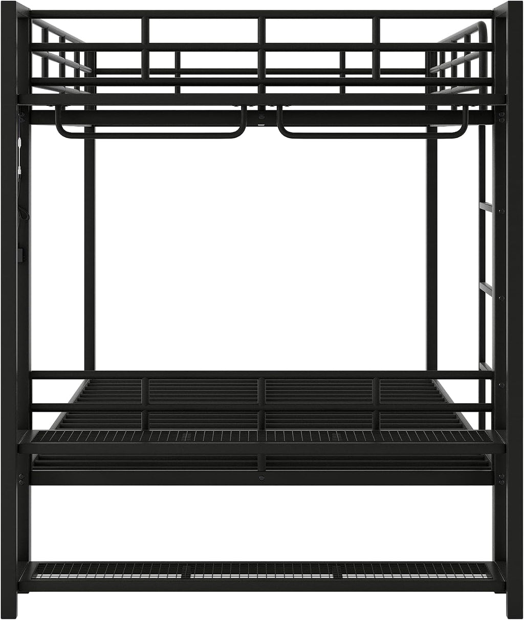Metal Bunk Bed with Storage Mesh Shelves and Clothes Hooks, Open Storage Shelves, Full Size Bunk Bed with Full-length Reinforced Guardrails for Teens and Adults, No Box Spring Needed (Black//96)