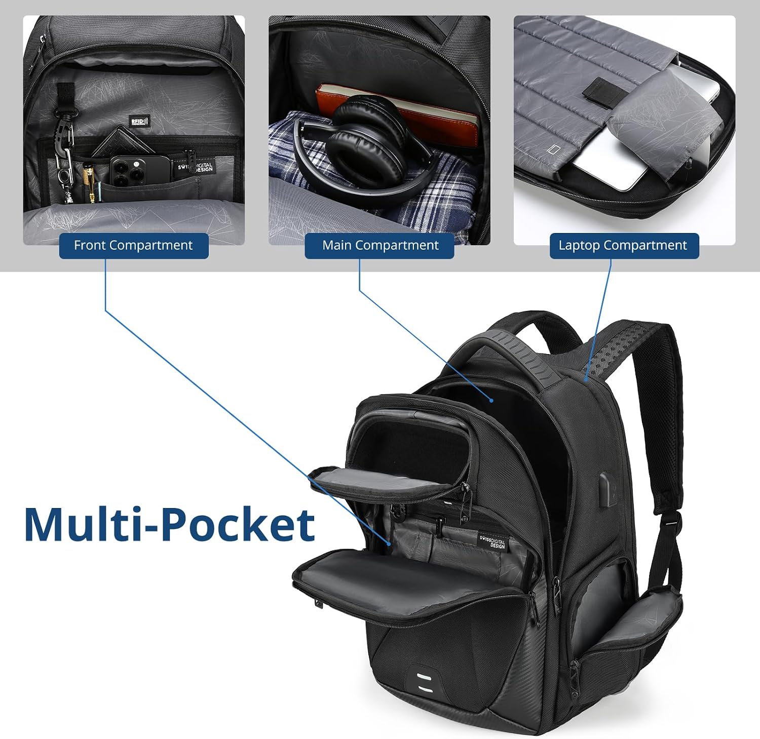 Swissdigital Design Men's Laptop Backpack for College and Business Travel with Integrated USB Charging Port and RFID Protection Fits Laptops up to 15.6 Inch, Black | SD1695-01