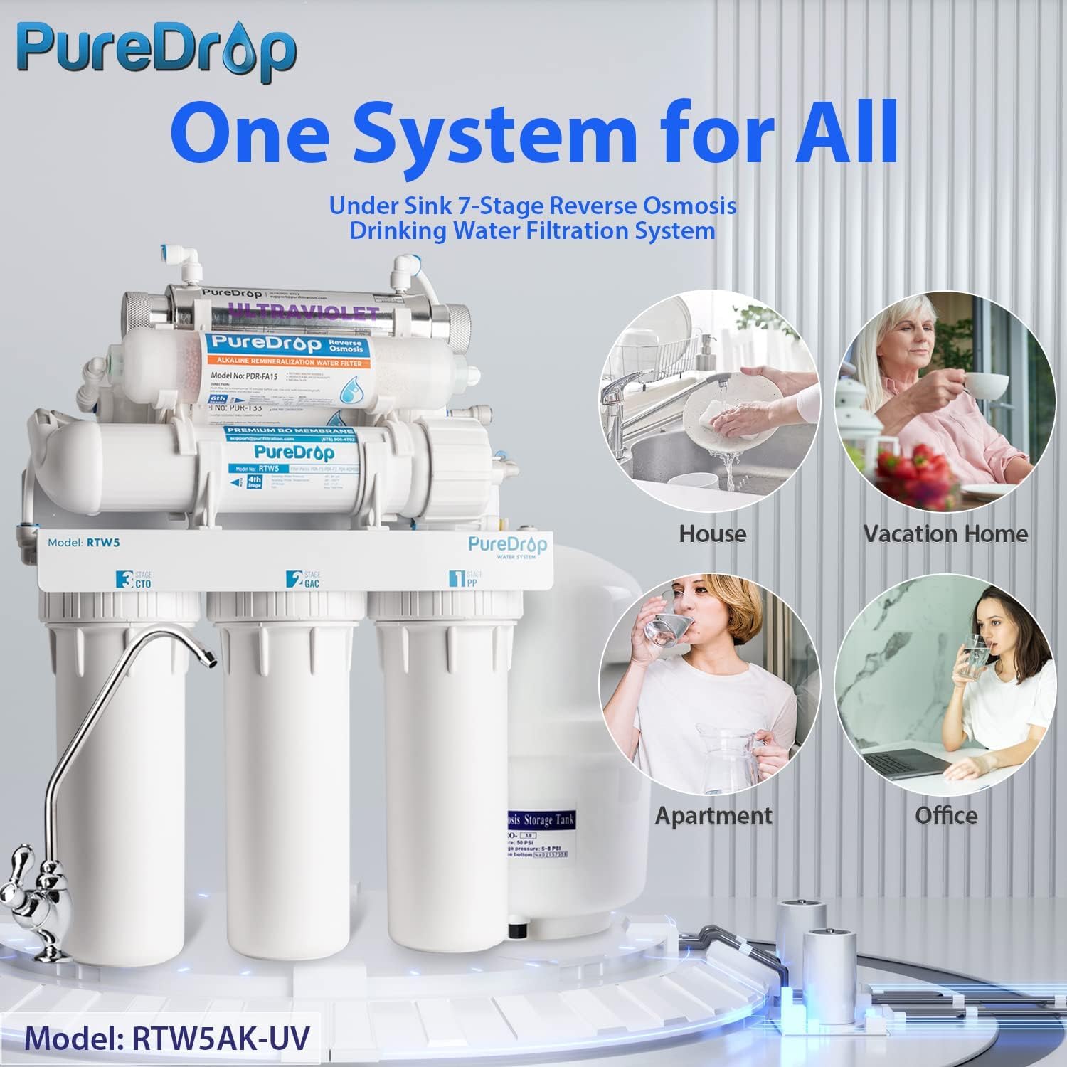 PureDrop RTW5AK-UV SGS-Tested Reverse Osmosis Water Filter System with Alkaline Remineralization & UV Filter, 7-Stage Under Sink RO Water Filtration System Plus Extra 3 Filters, 50 GPD