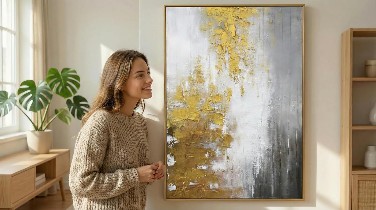 3D Textured Abstract Framed Wall Art for Living Room- Hand Painted Gold and White Abstract Oil Painting for Office-Large Modern Wall Decor for Corridor Stairwell Ready to Hang 28X40inches