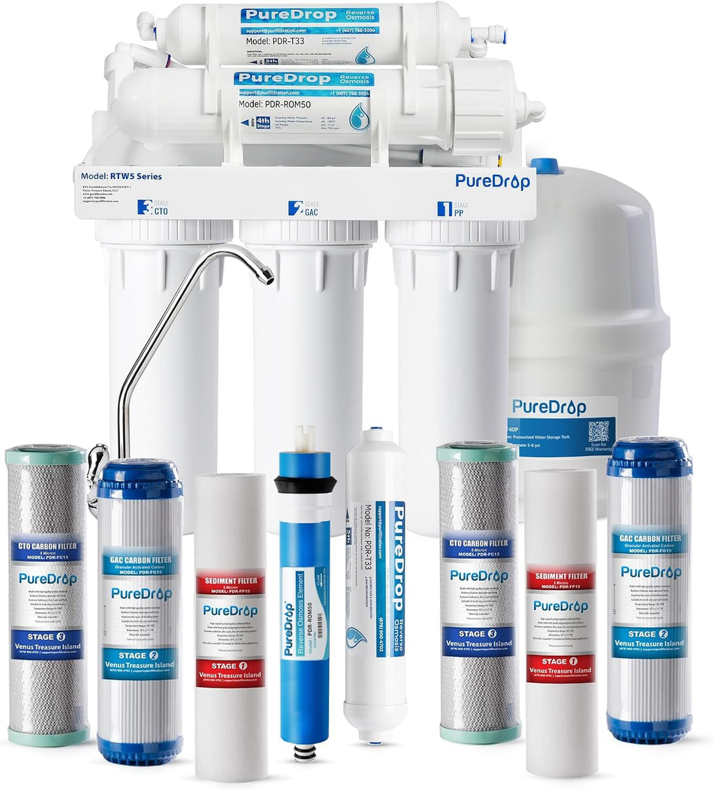 PureDrop RTW5 SGS-Tested 5 Stage Reverse Osmosis Water Filter System with Innovative Top-Mounted Faucet Design, TDS Reduction 50 GPD Under Sink RO Water Filtration Plus Extra 3 Filters