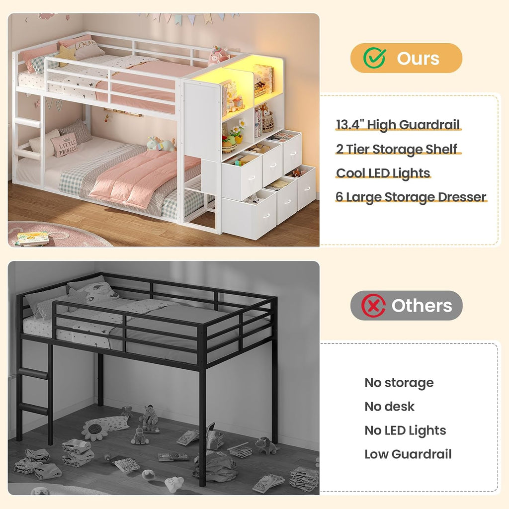 BTHFST Bunk Bed Twin Over Twin with 6 Large Fabric Drawers & 4 Wooden Storage Bookshelf Organizer, Metal Low Bunk Bed for Kids with LED Lights & Safety Ladder and Guardrail, Space Saving