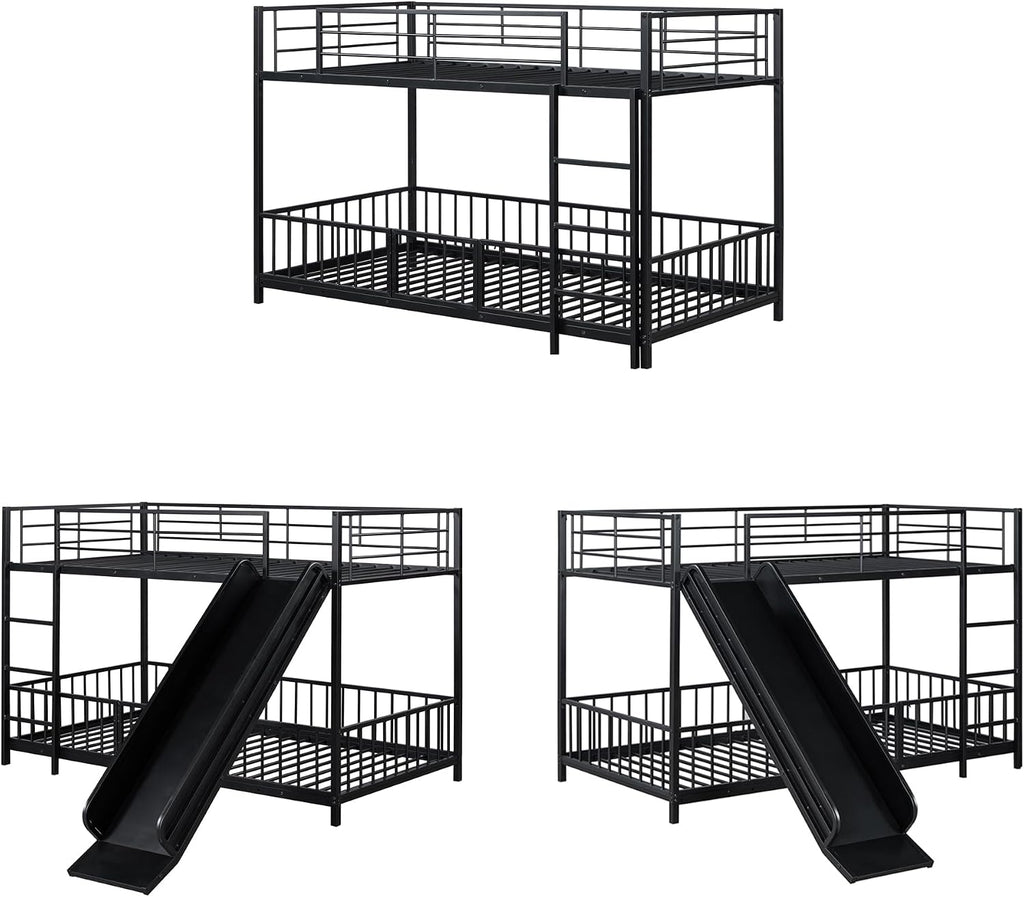 JIVOIT Metal Bunk Bed Frame with Slide and Ladder, Twin Over Twin Size Bunk Bed with Metal Slats Support, Heavy Duty Metal Low Bunk Bed, No Box Spring Needed (Black,Twin,09)