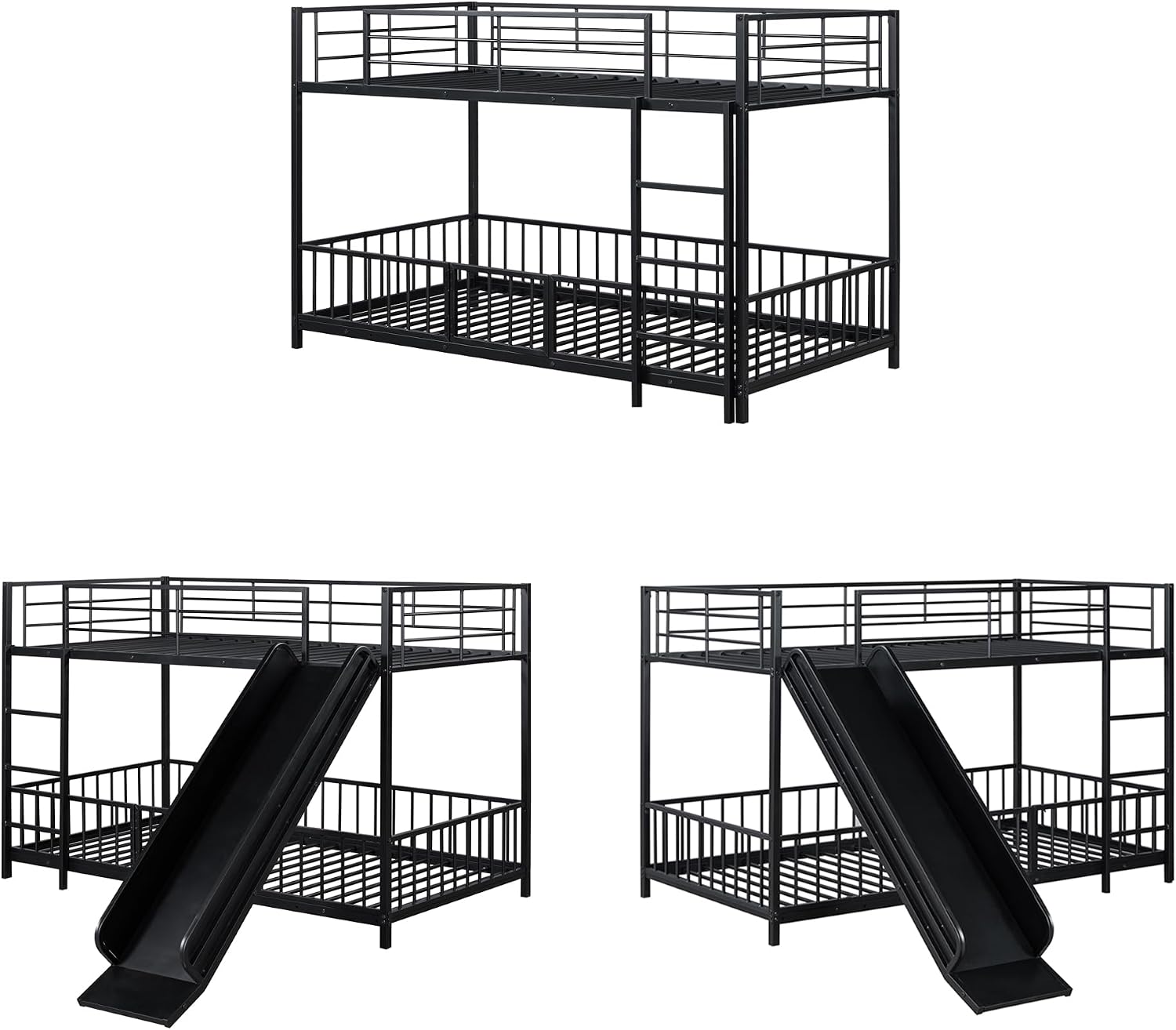 JIVOIT Metal Bunk Bed Frame with Slide and Ladder, Twin Over Twin Size Bunk Bed with Metal Slats Support, Heavy Duty Metal Low Bunk Bed, No Box Spring Needed (Black,Twin,09)
