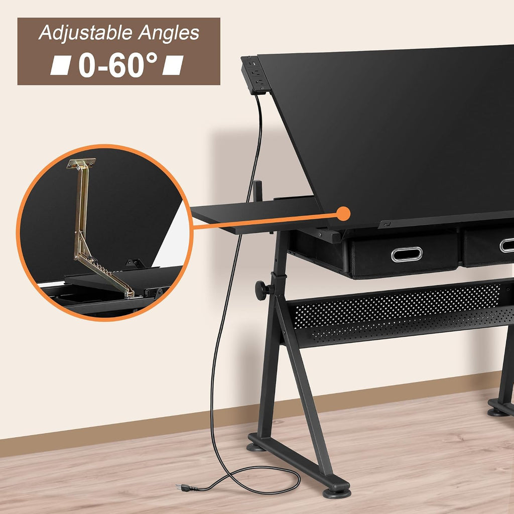 ZENY Adjustable Drafting Table with Stool, Tilting Drawing Desk Artist Table with Storage Drawers, Art Craft Workstation for Home Office Reading, Writing, Crafting (Black-with Outlet)