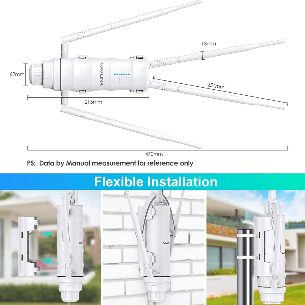 WAVLINK AC1200 Outdoor Mesh Extender/Router,Long Range IP65 Waterproof WiFi Repeater with Passive/Active POE,Support Fat/Fit AP,Dual Band 5G+2.4G,4x7dBi Omni Antenna,Enterprise-Grade Encryption