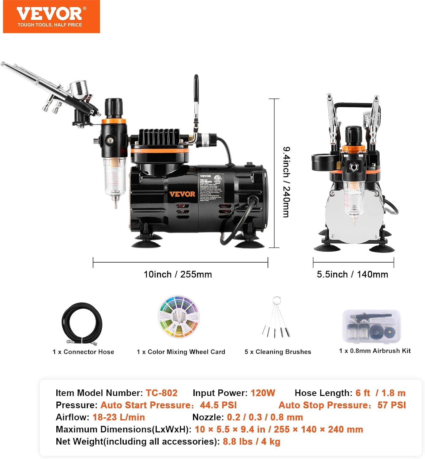 VEVOR Airbrush Kit, Professional Airbrush Set with 1/5 HP Compressor & 3 Airbrushes, Airbrushing System Kit with Multi-Purpose Dual-Action Gravity Feed Airbrushes, Art Nail Cookie Tatto