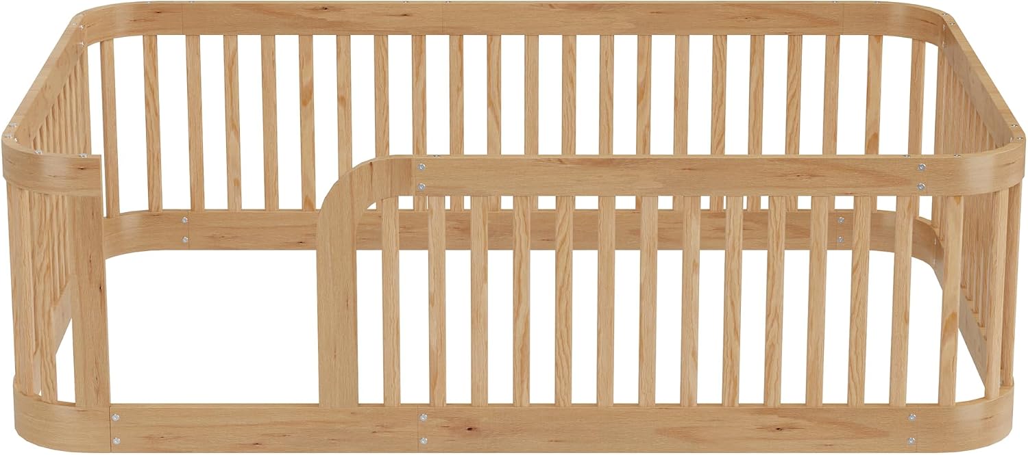 Full Size Wood Floor Bed with Fence, Playful Design Montessori Floor Bed with Guardrail, Without Slats, Easy Assembly (Natural//Full,124)