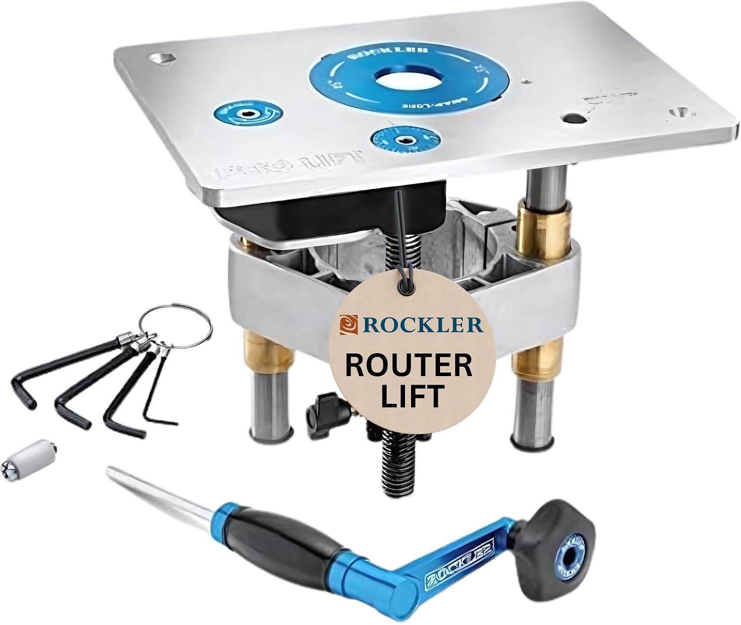 Router Lift by Rockler (8-1/4'' x 11-3/4'' Plate) – Kit Includes Aluminum Router Plate, Insert Ring, Set of Hex Keys on Key Chain - Easy to Install Router Lift Systems - Woodworking Router Table
