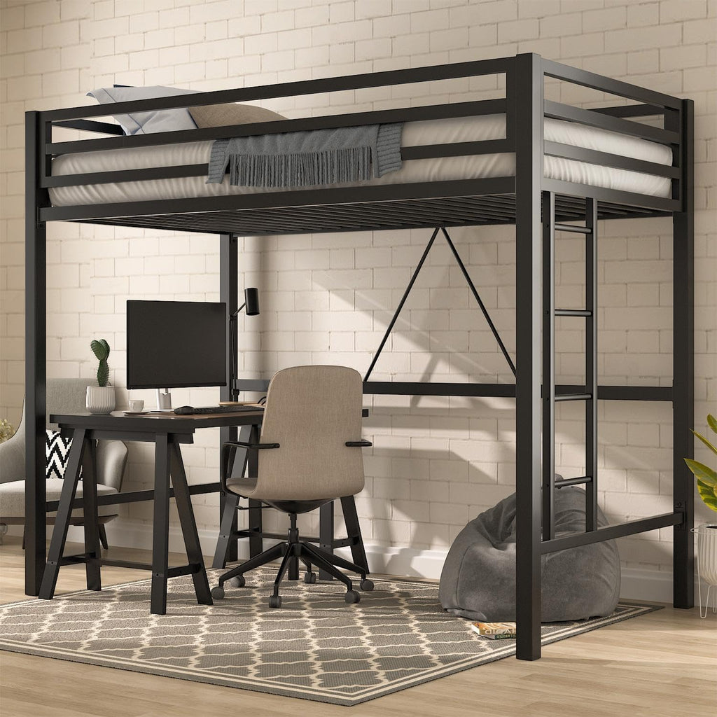 MUTICOR Twin Loft Bed Frame for Juniors and Adults with Safety Guardrail and Ladder,Metal Slats Support, Small Space Saving Furniture for Bedroom Kids Room and Dorm,Black