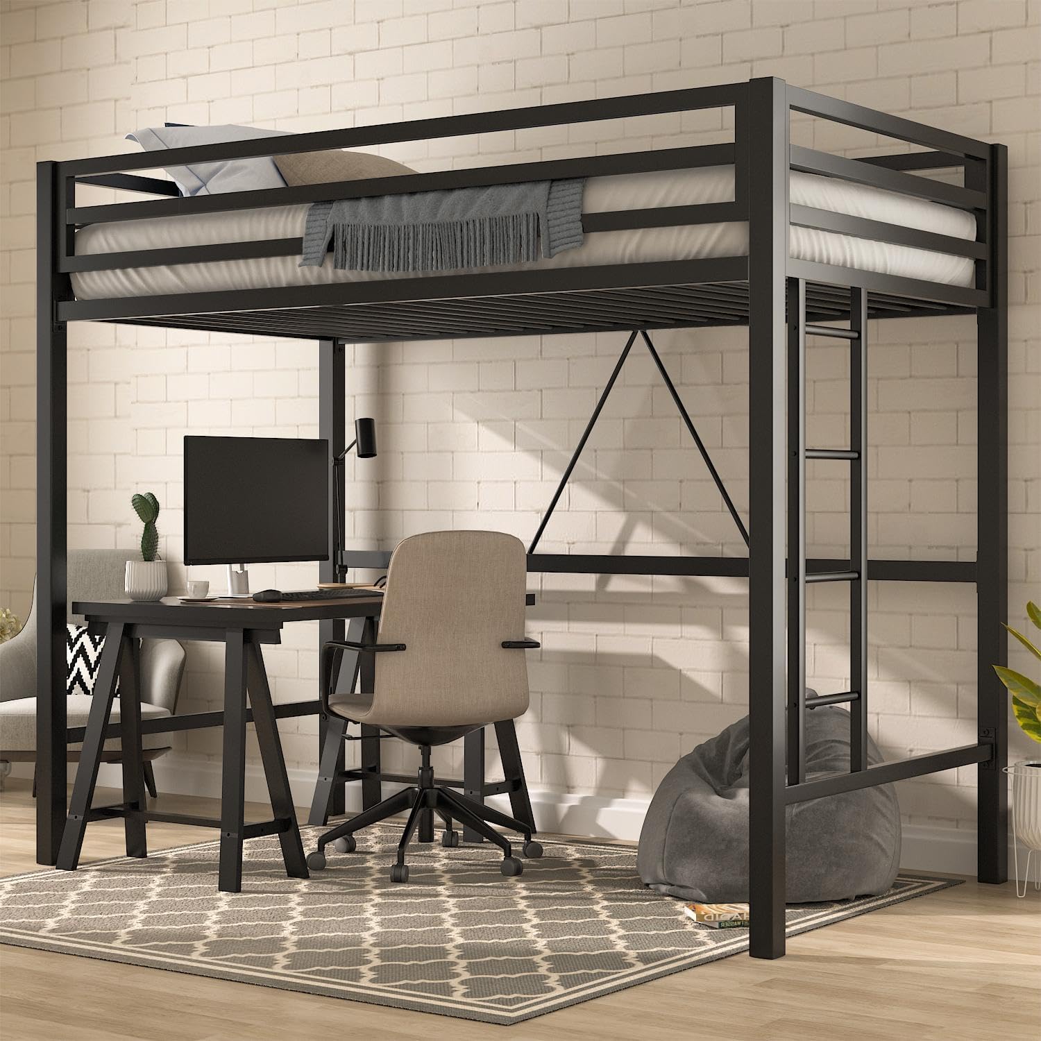MUTICOR Twin Loft Bed Frame for Juniors and Adults with Safety Guardrail and Ladder,Metal Slats Support, Small Space Saving Furniture for Bedroom Kids Room and Dorm,Black