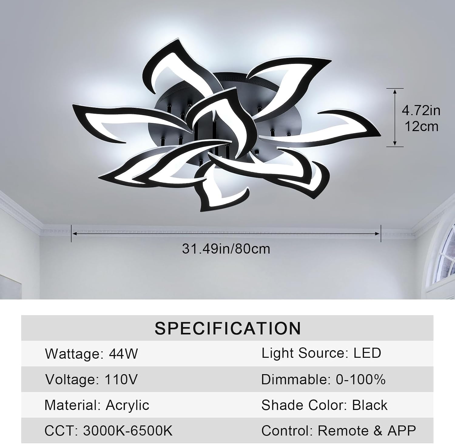 Goeco Dimmable Ceiling Light, Black Flower Ceiling Light Fixture with Remote Control and App, Modern LED Acrylic Close to Ceiling Light for Living Room, Bedroom, Kitchen, CCT: 3000K-6500K
