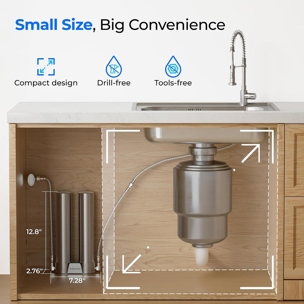 Waterdrop DST Under Sink Water Filter System, Under Sink Water Filtration System, NSF Certified Elements, Reduce Chlorine, PFOA/PFOS, Bad Taste & Odor, Silver Ions Enhanced Filtration, Stainless Steel