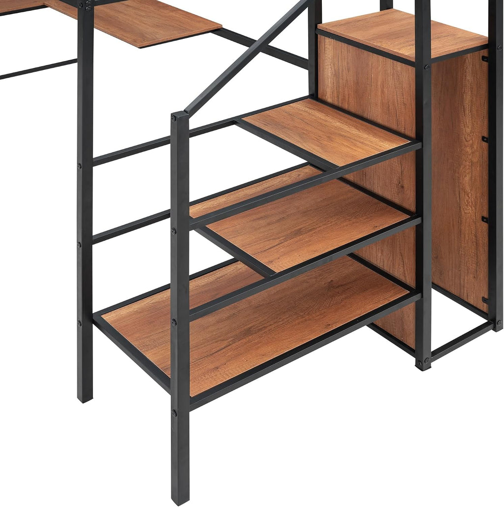 JIVOIT Twin Size Metal Loft Bed with L-Shape Desk and Wardrobe, Stylish Metal Frame Bed with Lateral Storage Ladder and Metal Grid, 3-Layers Storage Shelves, Space Saving Design (Black-Wardrobe,Twin)