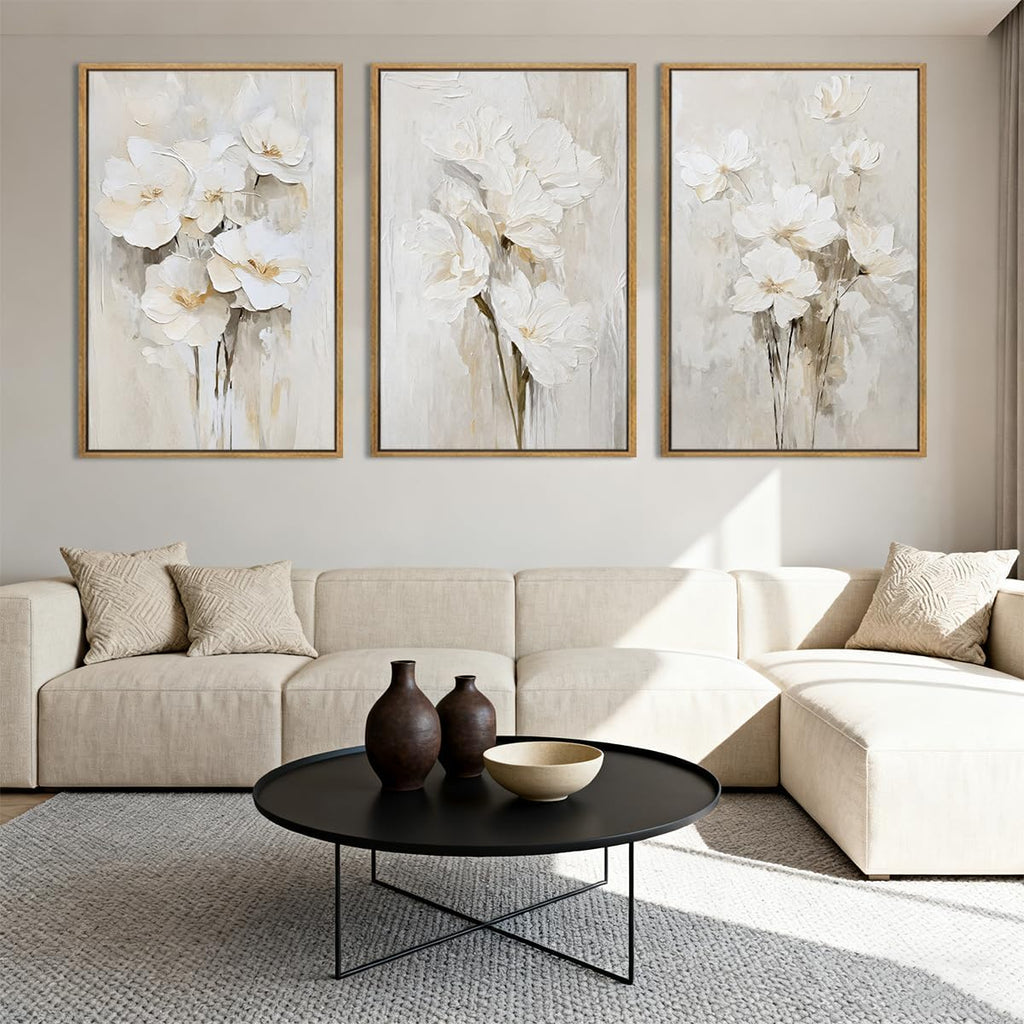 Anyzal Large Framed Beige Floral Wall Art Neutral Flower Wall Decor,White Flower Wall Art,White Wildflower Artwork,Abstract Botanical Floral Painting for Living Room Bedroom Dining Room 24x36 Inch