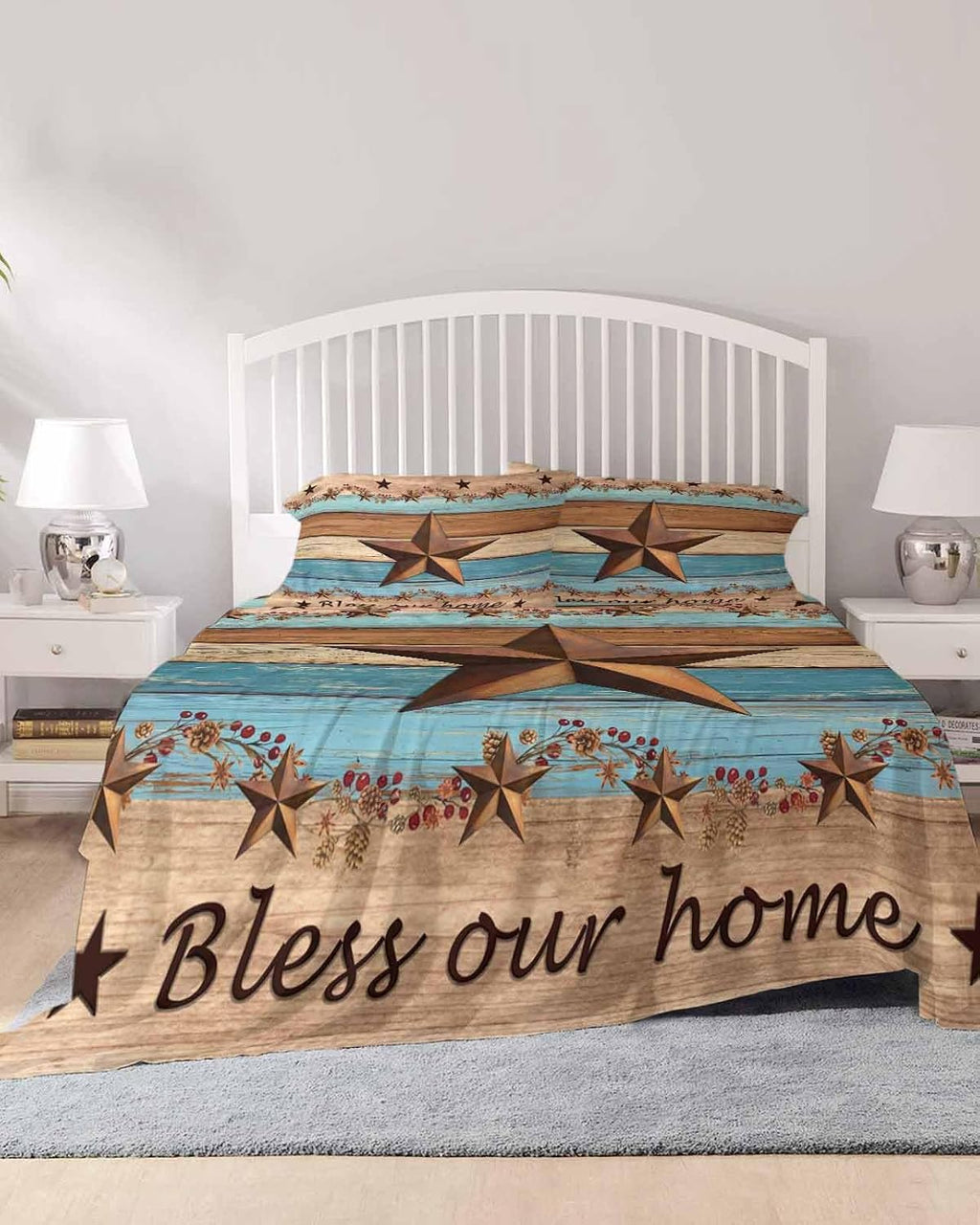 Western Texas Star Retro Cal King Sheet Set 4 Piece Bedding - Country Farmhouse Light Blue Brown Wood Breathable Comfy Cooling Bed Sheets & Pillowcase Sets,Hotel Flat Sheets Deep Pockets Fitted Sheet