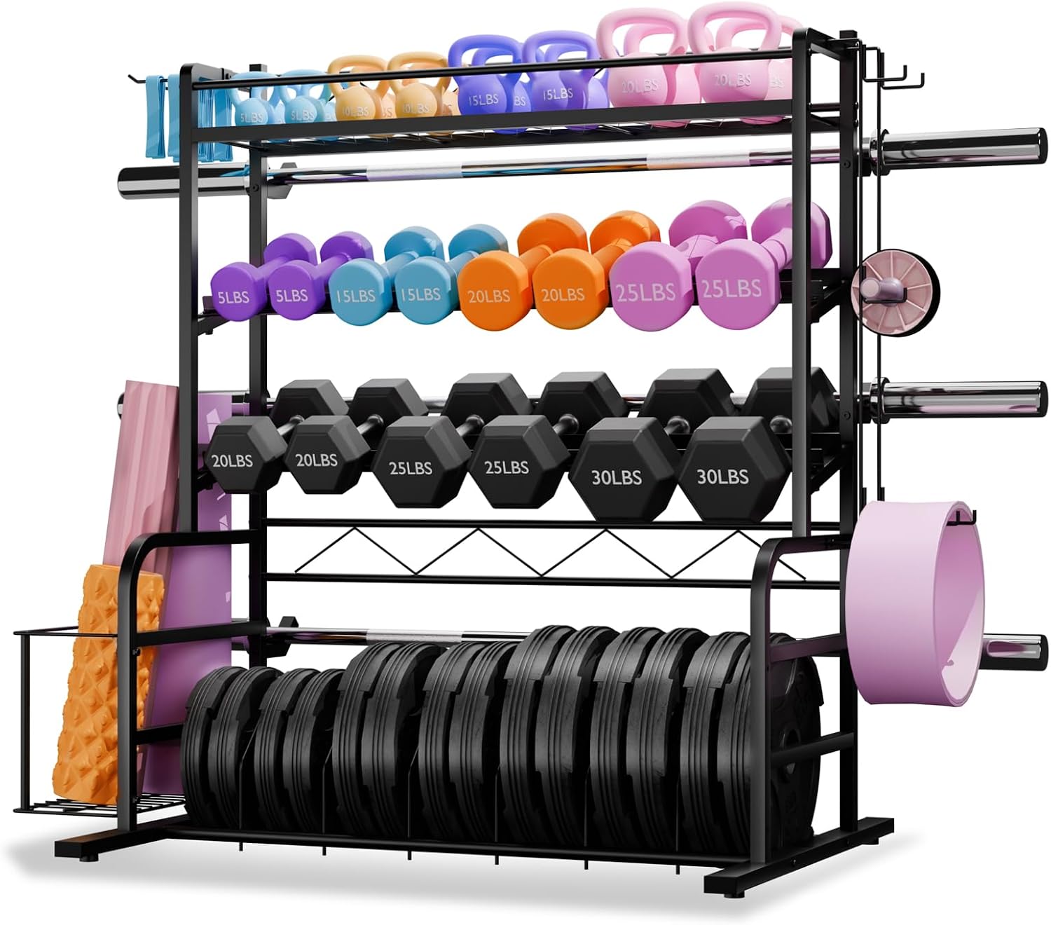 XL Adjustable Weight Rack for Dumbbells - Barbell Holder Bumper Plate Storage Rack with 3 Olympic Bar Racks, Dumbbell Rack Weight Stand,Home Gym Storage Rack for kettlebells,Yoga Mat