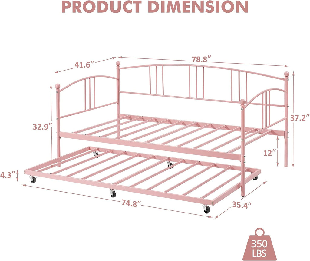 GarveeHome Daybed with Trundle, Sturdy Metal Day Bed with Steel Slat Support, Trundle Bed Twin with Arched Headboard, SofaBed for Living Room, Bedroom and Guest Room, Pink