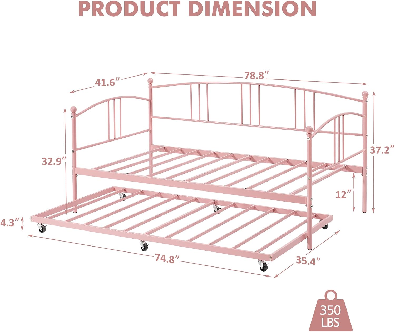 GarveeHome Daybed with Trundle, Sturdy Metal Day Bed with Steel Slat Support, Trundle Bed Twin with Arched Headboard, SofaBed for Living Room, Bedroom and Guest Room, Pink